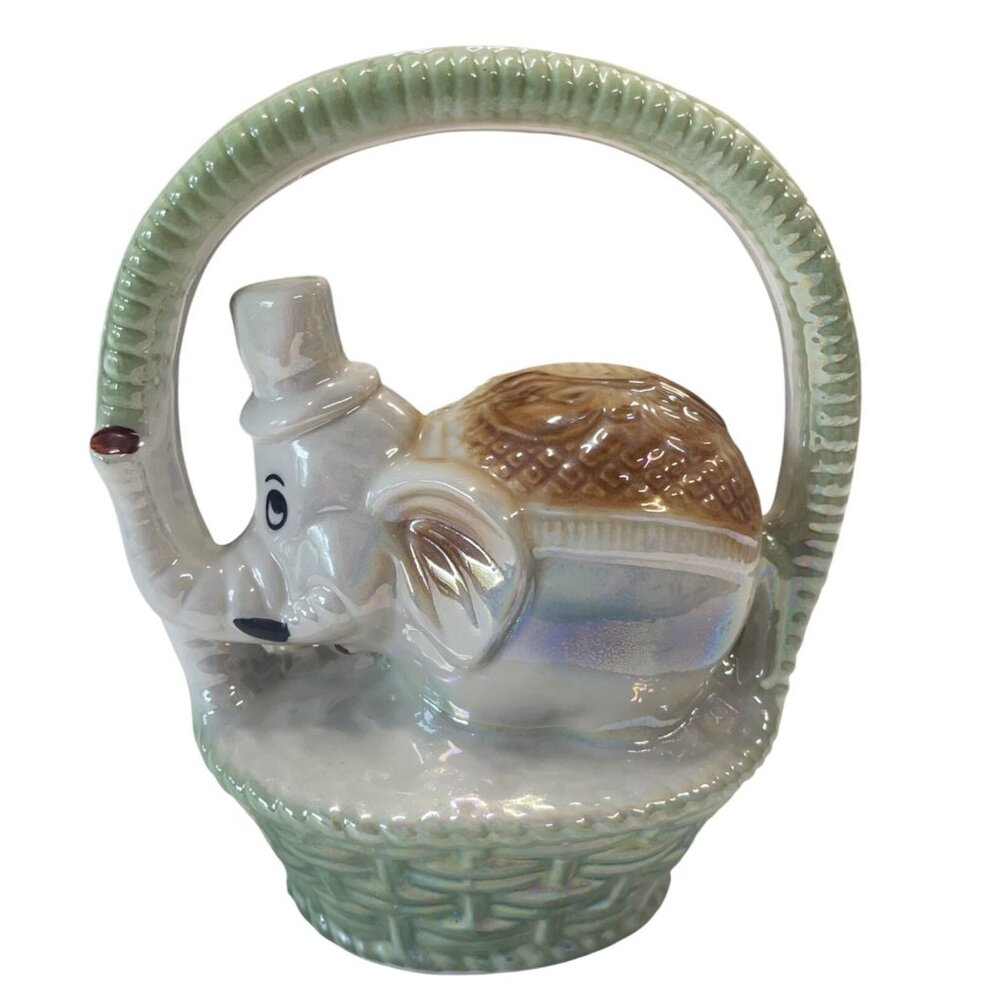 Handcrafted Lusterware Porcelain Elephant In A Basket made in Brazil‎ #1906